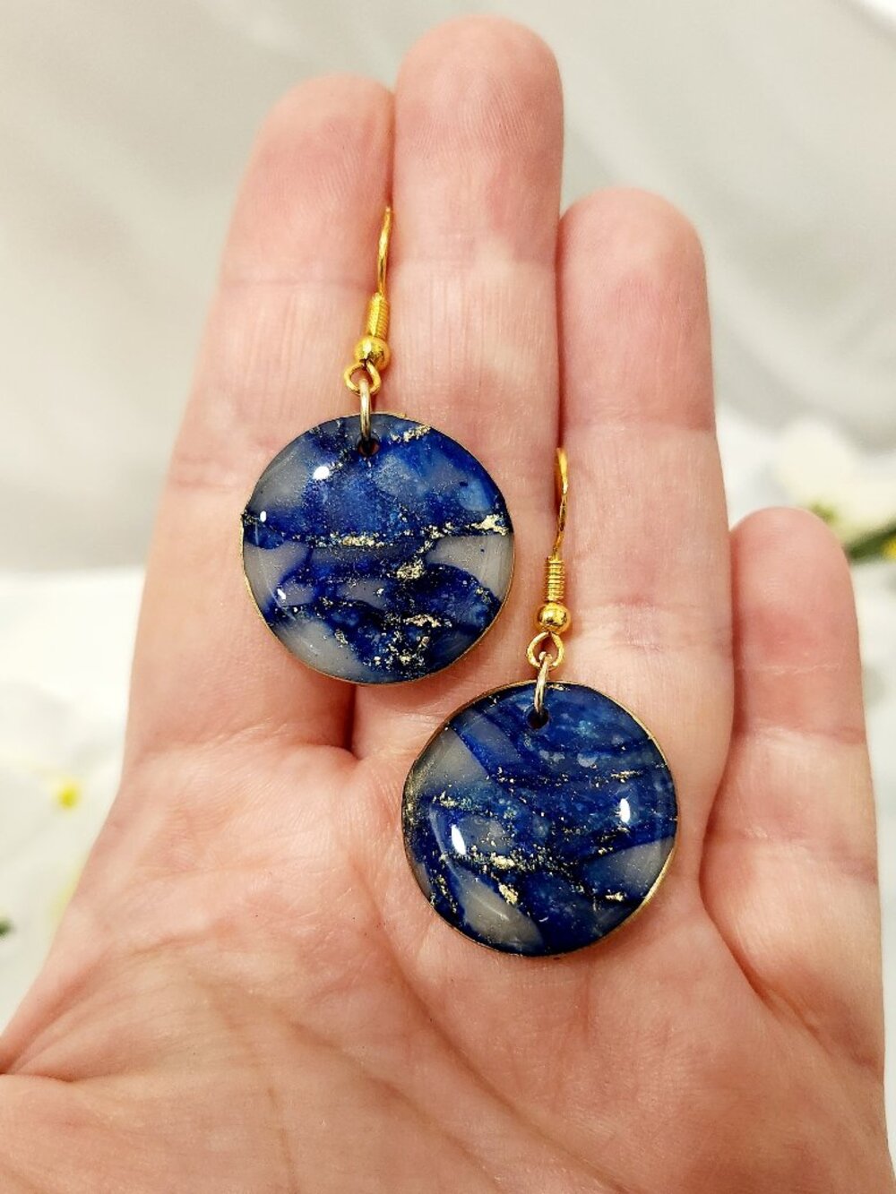 Handmade Blue & Gold Marbled Round Earrings ~ Resin/Clay